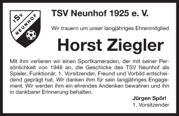 Traueranzeige von Horst Ziegler von Pegnitz-Zeitung